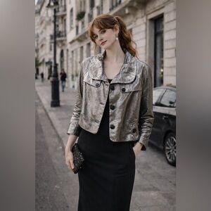 Jones New York Metallic Silver Foil Leather Sz L Jacket  FLAWED READ DESCRIPTION